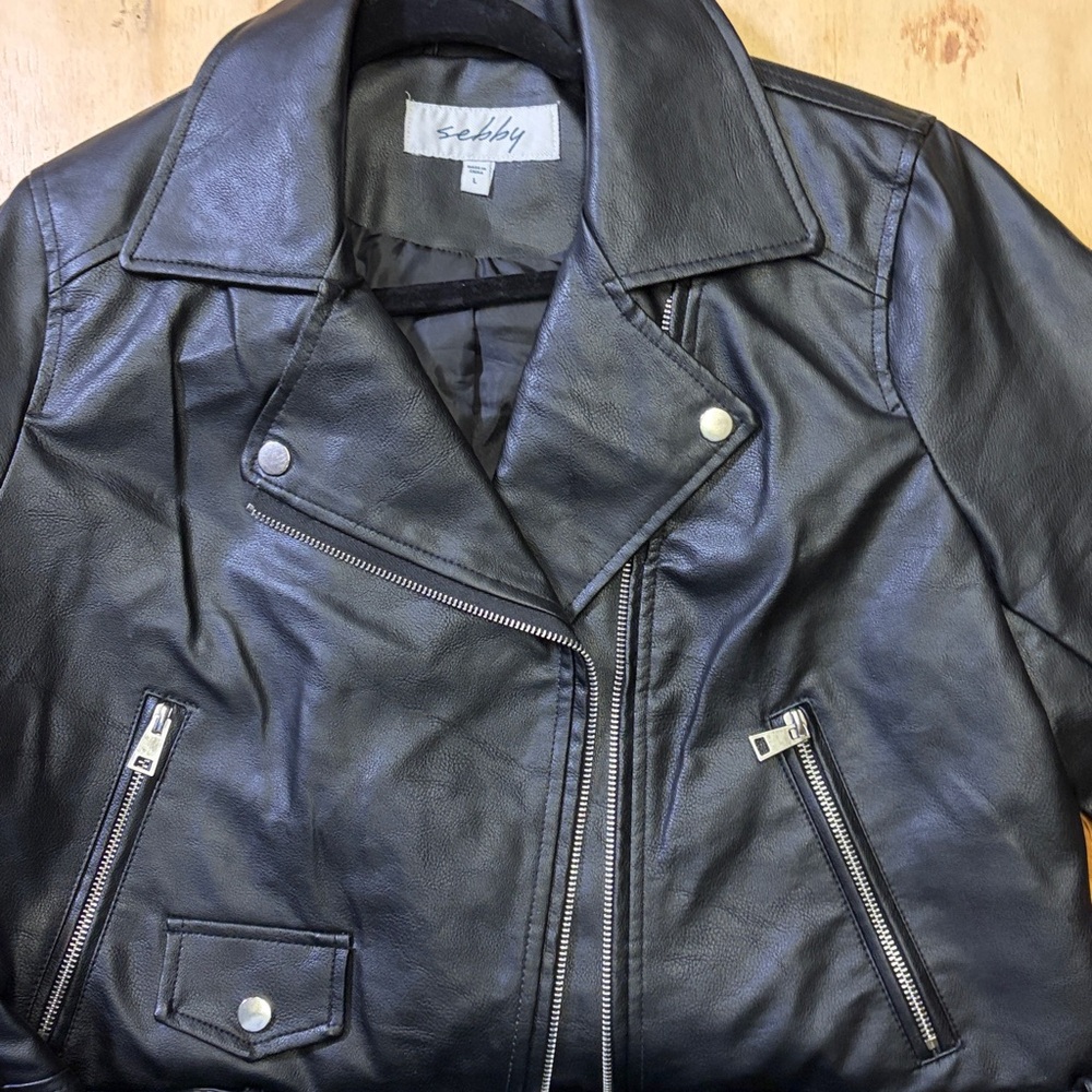 Sebby Black Leather Biker Jacket with a wrap around belt